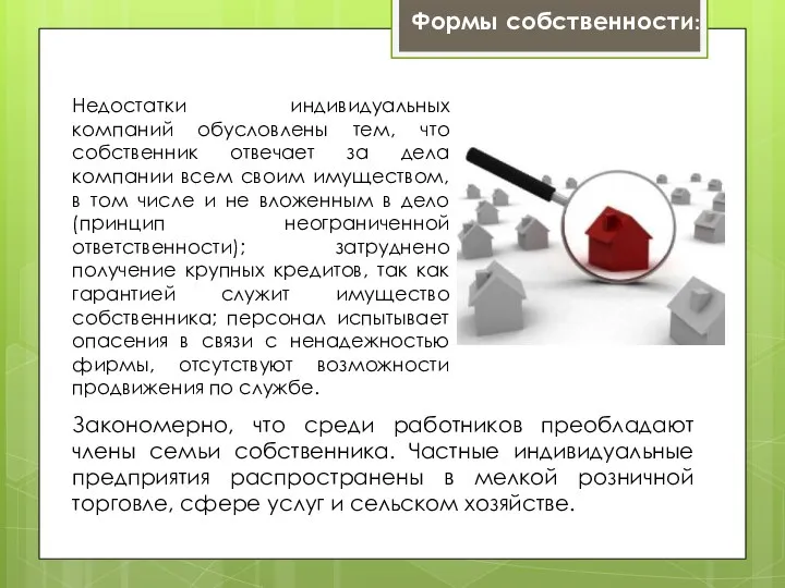 Закономерно, что среди работников преобладают члены семьи собственника. Частные индивидуальные предприятия распространены