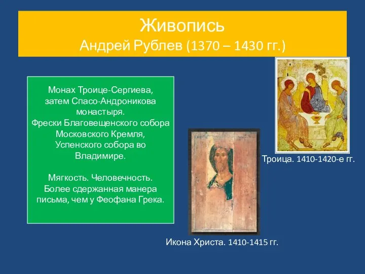 Живопись Андрей Рублев (1370 – 1430 гг.) Троица. 1410-1420-е гг. Икона Христа.