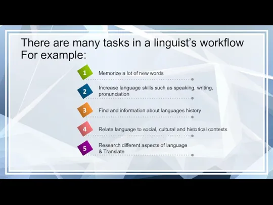 There are many tasks in a linguist’s workflow For example: Memorize a