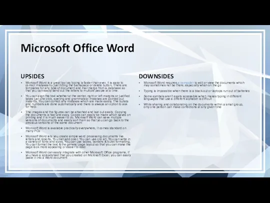 Microsoft Office Word UPSIDES Microsoft Word is a great tool as typing