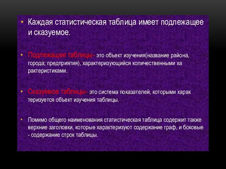 Каждая статистическая таблица имеет подлежащее и сказуемое. Подлежащее таблицы- это объект изучения(название