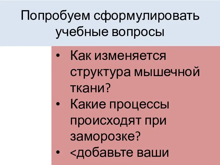 Попробуем сформулировать учебные вопросы Как изменяется структура мышечной ткани? Какие процессы происходят при заморозке?