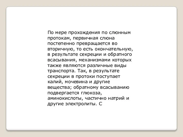 По мере прохождения по слюнным протокам, первичная слюна постепенно превращается во вторичную,