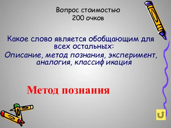 Вопрос стоимостью 200 очков Какое слово является обобщающим для всех остальных: Описание,