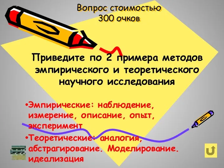 Приведите по 2 примера методов эмпирического и теоретического научного исследования Эмпирические: наблюдение,