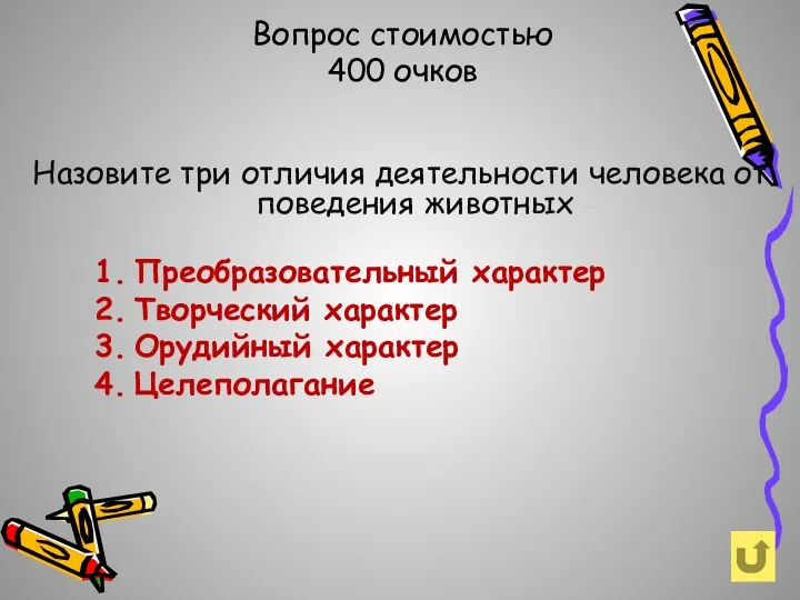 Вопрос стоимостью 400 очков Назовите три отличия деятельности человека от поведения животных