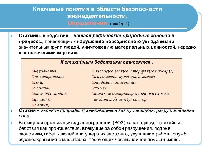 Ключевые понятия в области безопасности жизнедеятельности. Определения (слайд- 5) Стихийные бедствия –