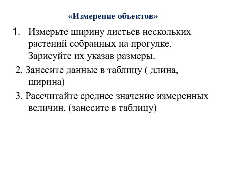 «Измерение объектов» Измерьте ширину листьев нескольких растений собранных на прогулке. Зарисуйте их