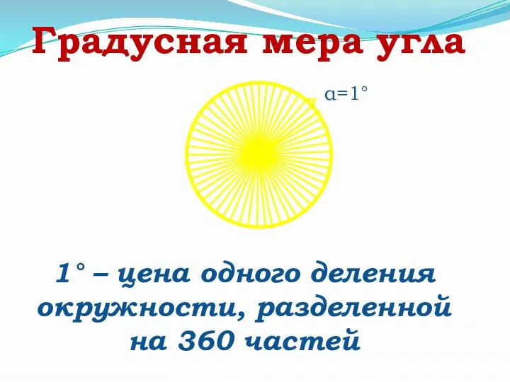 Градусная мера угла 1° – цена одного деления окружности, разделенной на 360 частей α=1°