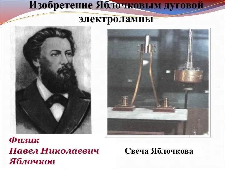 Изобретение Яблочковым дуговой электролампы В 1876 г. П.Н. Яблочков создал дуговую электрическую
