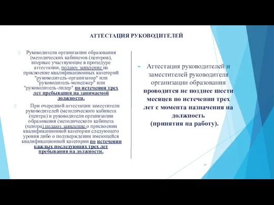 АТТЕСТАЦИЯ РУКОВОДИТЕЛЕЙ Аттестация руководителей и заместителей руководителя организации образования проводится не позднее