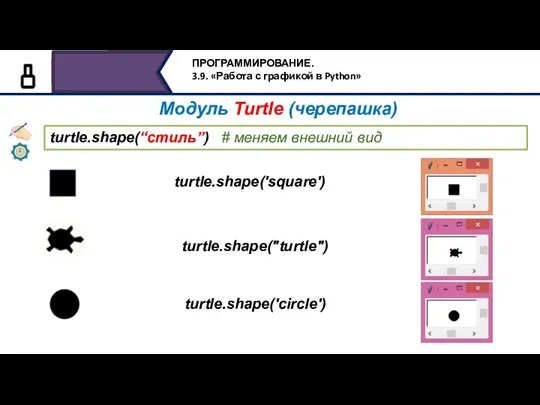 turtle.shape(“стиль”) # меняем внешний вид turtle.shape('circle') turtle.shape('square') turtle.shape("turtle") Модуль Turtle (черепашка)