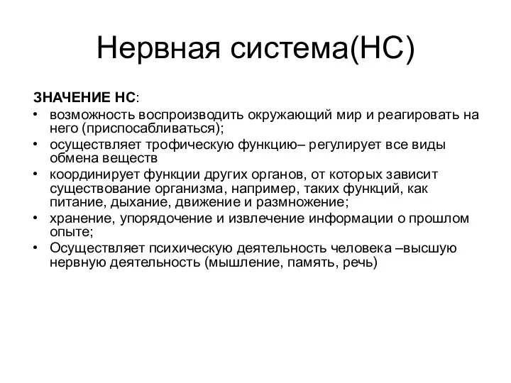 Нервная система(НС) ЗНАЧЕНИЕ НС: возможность воспроизводить окружающий мир и реагировать на него