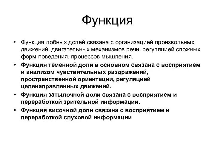 Функция Функция лобных долей связана с организацией произвольных движений, двигательных механизмов речи,