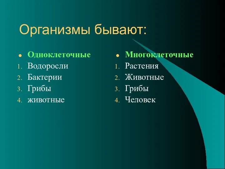 Организмы бывают: Одноклеточные Водоросли Бактерии Грибы животные Многоклеточные Растения Животные Грибы Человек