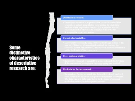 Some distinctive characteristics of descriptive research are: