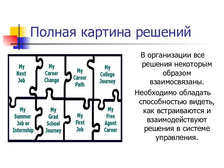 Полная картина решений В организации все решения некоторым образом взаимосвязаны. Необходимо обладать