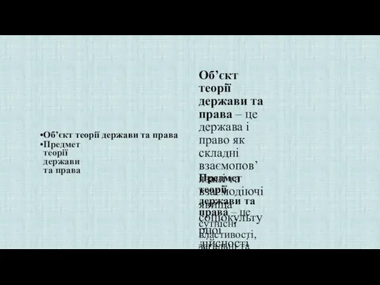 Об’єкт теорії держави та права Предмет теорії держави та права Об’єкт теорії