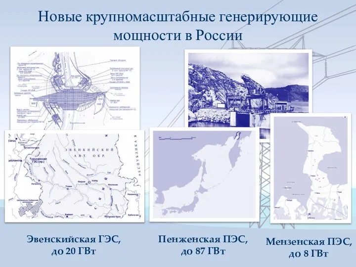 Новые крупномасштабные генерирующие мощности в России Эвенскийская ГЭС, до 20 ГВт Пенженская