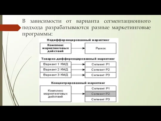 В зависимости от варианта сегментационного подхода разрабатываются разные маркетинговые программы: