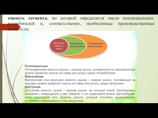 емкость сегмента, по которой определятся число потенциальных потребителей и, соответственно, необходимые производственные мощности;