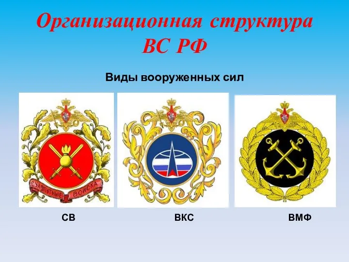 Организационная структура ВС РФ Виды вооруженных сил СВ ВКС ВМФ
