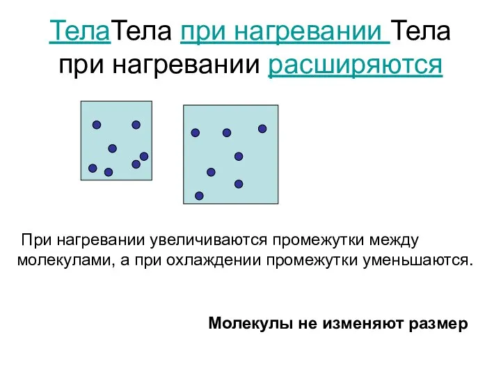 ТелаТела при нагревании Тела при нагревании расширяются При нагревании увеличиваются промежутки между