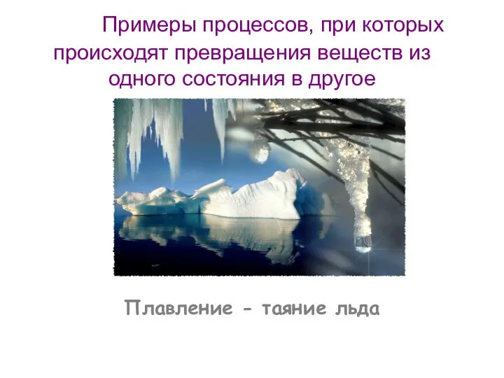 Примеры процессов, при которых происходят превращения веществ из одного состояния в другое Плавление - таяние льда