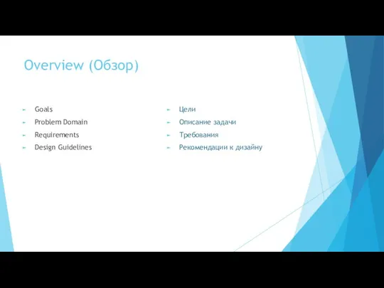Overview (Обзор) Цели Описание задачи Требования Рекомендации к дизайну Goals Problem Domain Requirements Design Guidelines