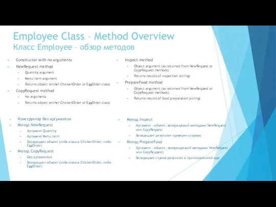 Employee Class – Method Overview Класс Employee – обзор методов Constructor with