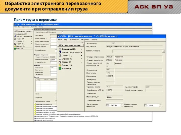 Прием груза к перевозке Обработка электронного перевозочного документа при отправлении груза