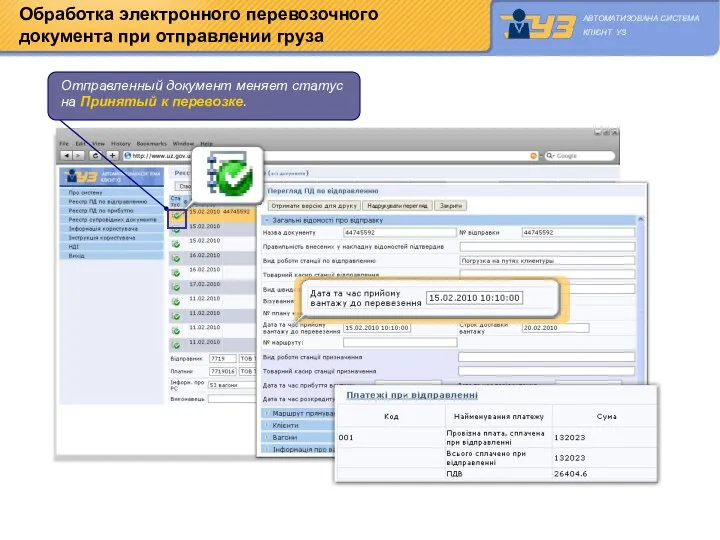 Обработка электронного перевозочного документа при отправлении груза