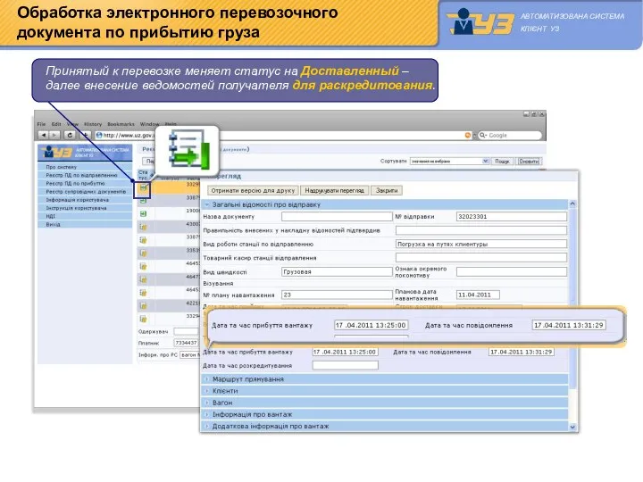 Обработка электронного перевозочного документа по прибытию груза