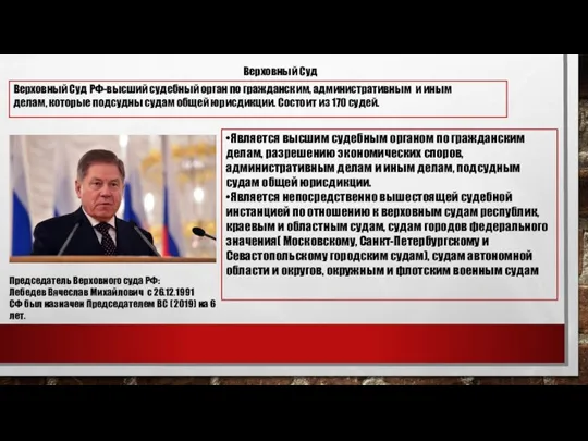 Верховный Суд Верховный Суд РФ-высший судебный орган по гражданским, административным и иным