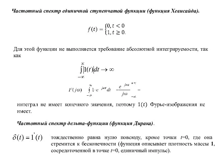 Частотный спектр единичной ступенчатой функции (функция Хевисайда). Для этой функции не выполняется