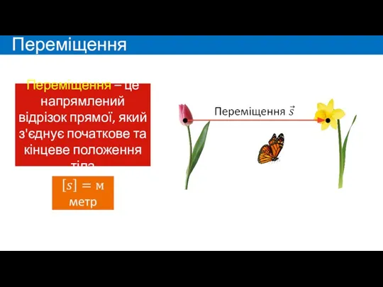 Переміщення Переміщення – це напрямлений відрізок прямої, який з'єднує початкове та кінцеве положення тіла