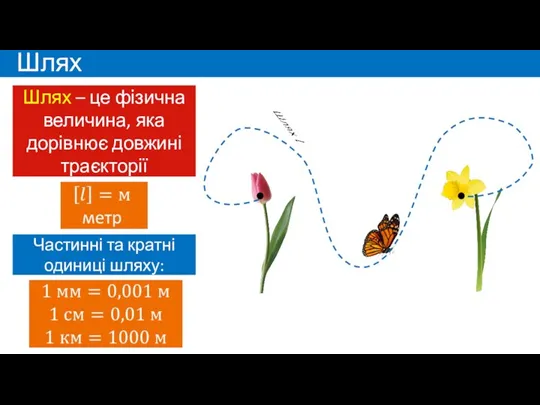 Шлях Шлях – це фізична величина, яка дорівнює довжині траєкторії Частинні та кратні одиниці шляху: