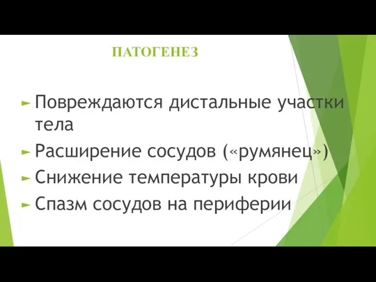 ПАТОГЕНЕЗ Повреждаются дистальные участки тела Расширение сосудов («румянец») Снижение температуры крови Спазм сосудов на периферии