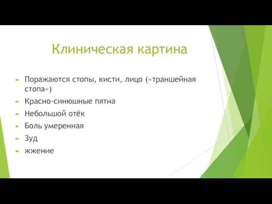 Клиническая картина Поражаются стопы, кисти, лицо («траншейная стопа») Красно-синюшные пятна Небольшой отёк Боль умеренная Зуд жжение