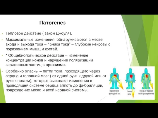 Тепловое действие ( закон Джоуля). Максимальные изменения обнаруживаются в месте входа и