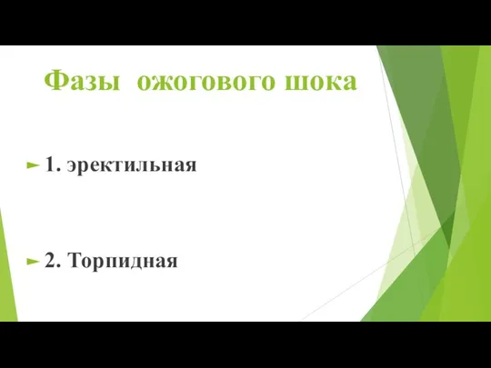 Фазы ожогового шока 1. эректильная 2. Торпидная