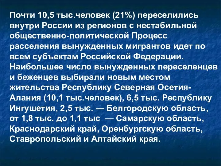 Почти 10,5 тыс.человек (21%) переселились внутри России из регионов с нестабильной общественно-политической