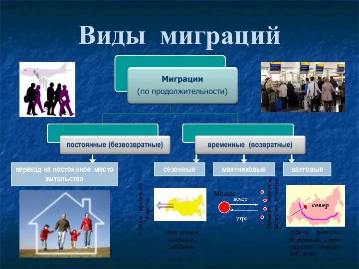 Виды миграций переезд на постоянное место жительства сезонные маятниковые вахтовые север добыча