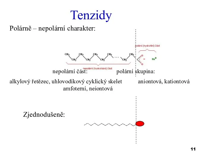 Tenzidy Polárně – nepolární charakter: nepolární část: polární skupina: alkylový řetězec, uhlovodíkový