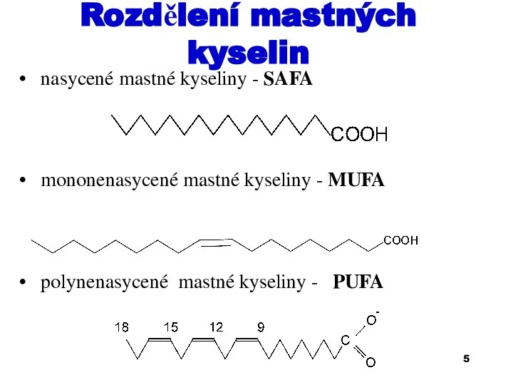 Rozdělení mastných kyselin • nasycené mastné kyseliny - SAFA • mononenasycené mastné