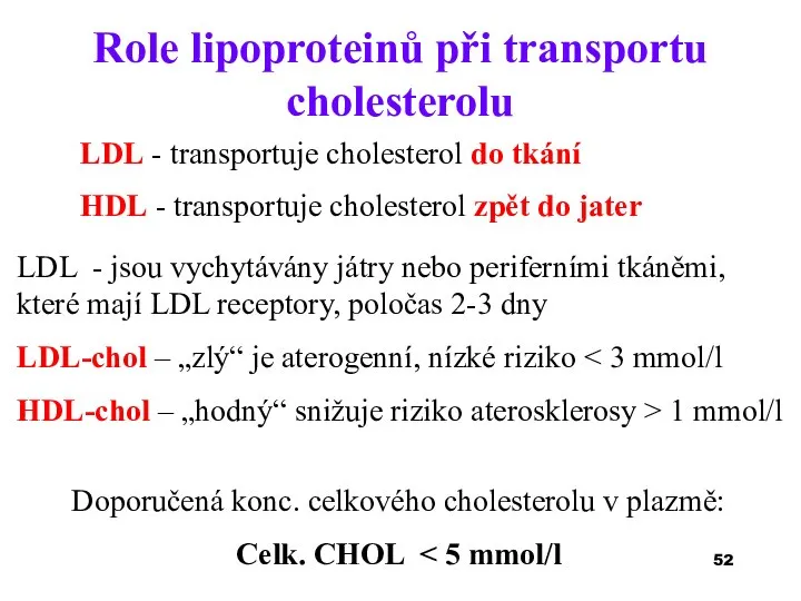 LDL - transportuje cholesterol do tkání HDL - transportuje cholesterol zpět do