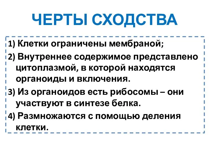 ЧЕРТЫ СХОДСТВА 1) Клетки ограничены мембраной; 2) Внутреннее содержимое представлено цитоплазмой, в