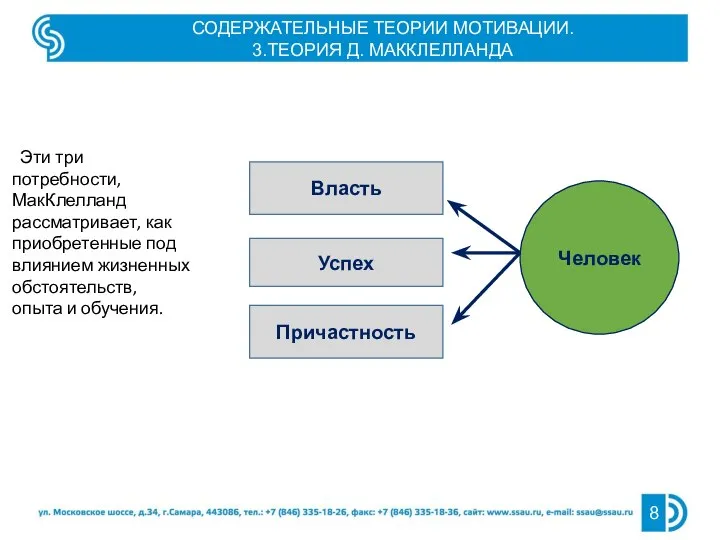 Эти три потребности, МакКлелланд рассматривает, как приобретенные под влиянием жизненных обстоятельств, опыта