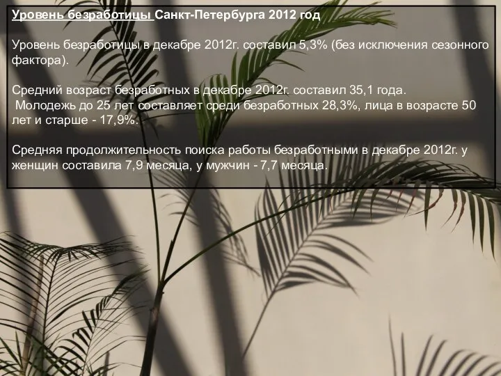 Уровень безработицы Санкт-Петербурга 2012 год Уровень безработицы в декабре 2012г. составил 5,3%