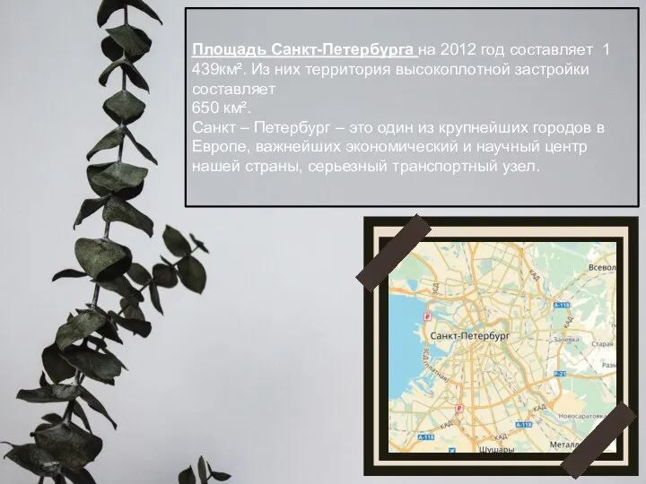 Площадь Санкт-Петербурга на 2012 год составляет 1 439км². Из них территория высокоплотной